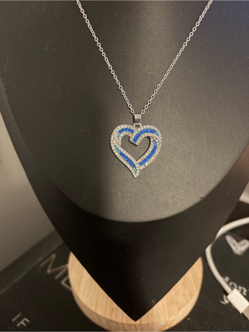 Silver Heart Pendant Necklace with Blue and Clear Crystal Accents